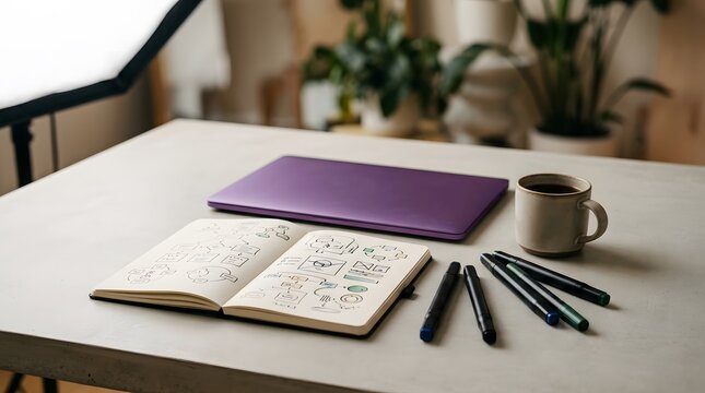Creative Workspace Setup with Purple Laptop Open Notebook with Flowcharts and Coffee Mug for Business Brainstorming and Planning