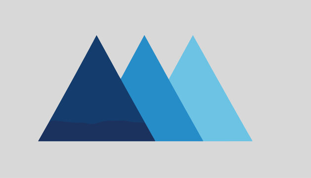 Minimalist geometric illustration of three overlapping triangles in dark, medium, and light blue representing mountains.