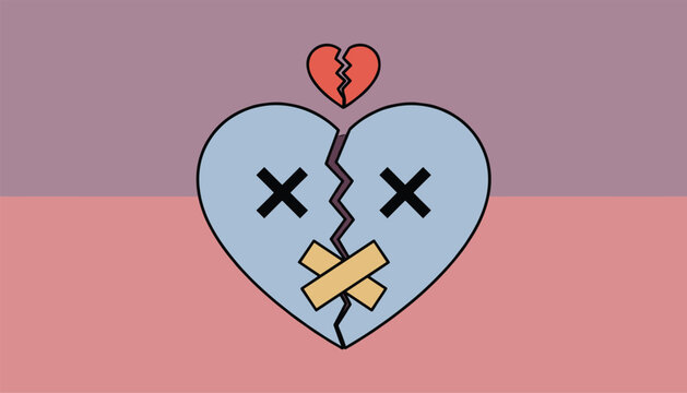 Broken blue heart character with crossed eyes and bandaged mouth representing heartbreak, sadness, and silence.