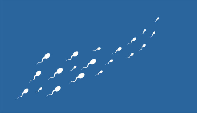 Conception concept with white sperm cells swimming upwards diagonally against a solid blue background.