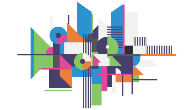 Geometric abstract art composition featuring multicolored blocks, circles, triangles, and striped lines.
