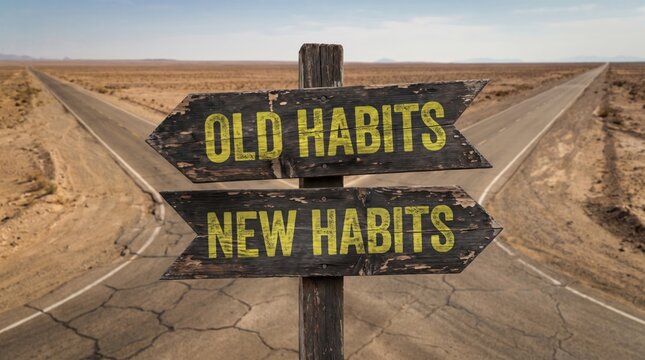 A wooden signpost at a desert crossroads with arrows pointing to old habits and new habits