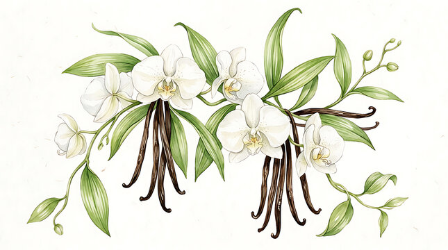 Watercolor Vanilla Orchid Flowers and Dried Pods Vine Illustration on Textured Paper Background