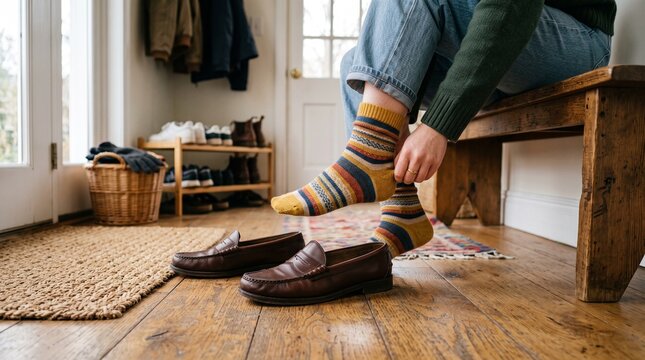 Person putting on striped socks and loafers indoors in a home entryway