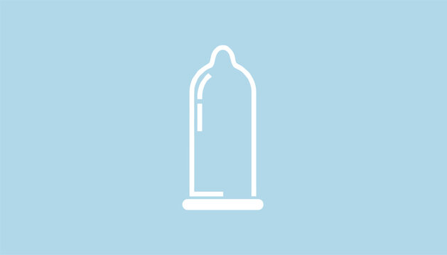 Minimalist white outline icon of a condom on a light blue background symbolizing safe sex, protection, and sexual health awareness.