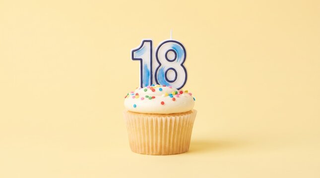 A single cupcake with a number 18 candle on top against a soft yellow background