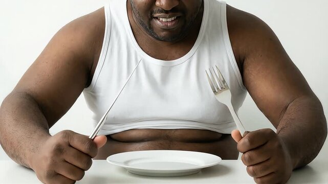 An obese, hungry man with a knife and fork in front of an empty plate.