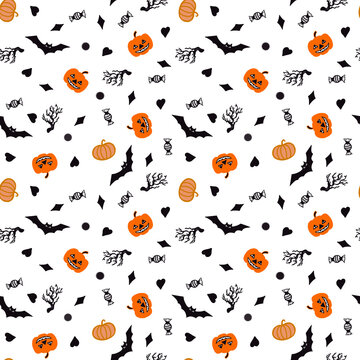 Seamless pattern .Halloween seamless  pattern  with the bat, pumpkin, black small halloween elements . Halloween. no background. 