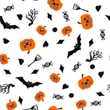 Seamless pattern .Halloween seamless  pattern  with the bat, pumpkin, black small halloween elements . Halloween. no background. 