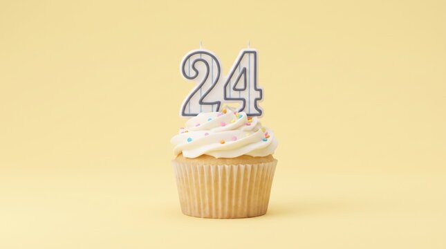 A single cupcake with a number 24 candle on top against a light yellow background