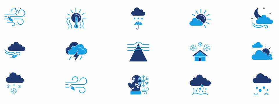 Weather forecast icons set with sun, cloud, rain, wind, and snow symbols. Vector duotone icon collection for meteorology, climate, temperature, season, and atmospheric conditions reporting.