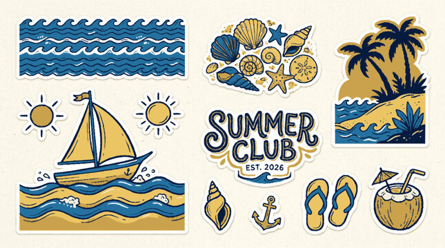 Nautical summer vacation sticker set featuring hand drawn beach elements and tropical holiday icons for seasonal creative projects