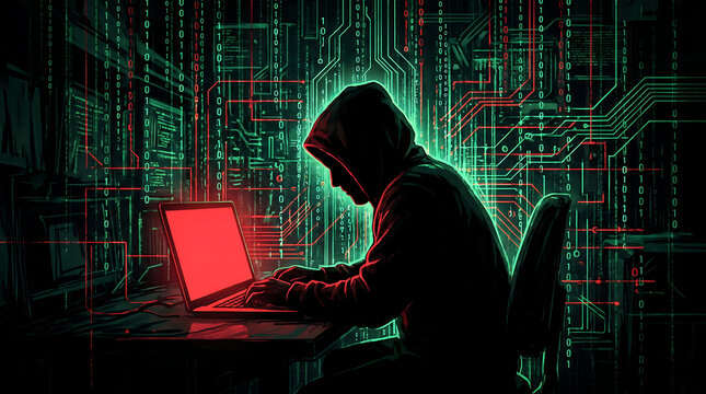 Anonymous hooded hacker typing on laptop with digital binary code background cybersecurity and data breach concept