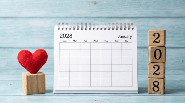 January 2028 calendar page with a red heart and wooden blocks on a blue wooden background
