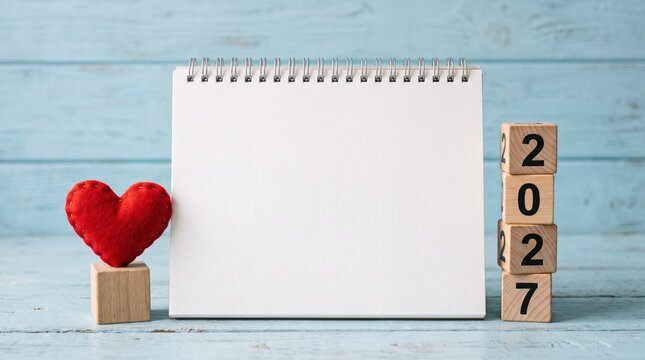 Blank spiral calendar with a red heart and wooden blocks showing the year 2027