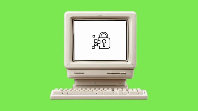 Retro computer with a digital padlock icon displayed on its screen, symbolizing cybersecurity and data protection in a digital age