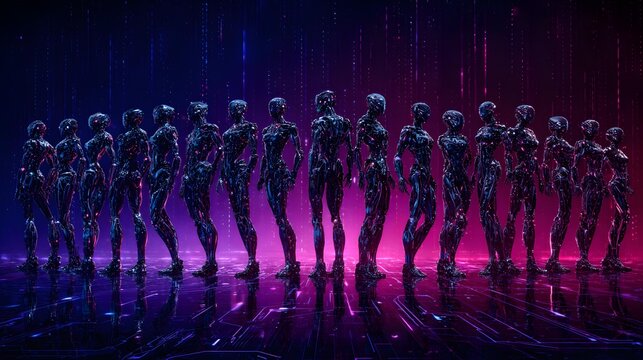 of artificial intelligence avatars singing in harmony beneath an infinite digital sky, radiant colors, immersive atmosphere, detailed visual storytelling