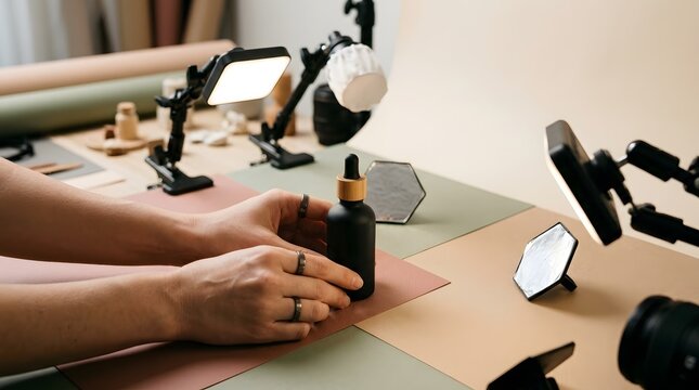 Professional product photographer hands arranging black serum dropper bottle on colorful paper background with studio lighting equipment