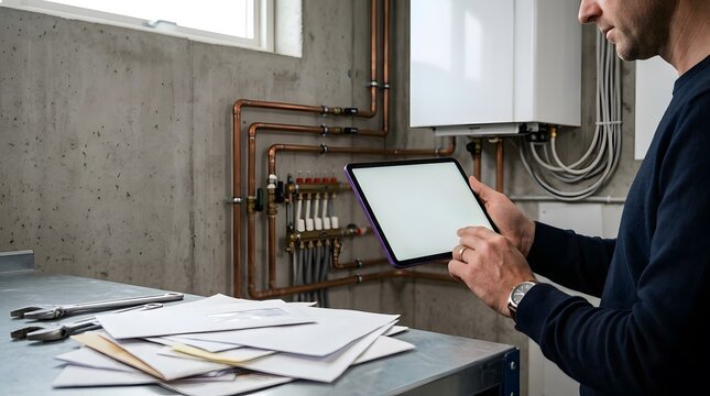 Homeowner or technician using digital tablet to monitor energy efficiency and heating system in utility room with copper pipes