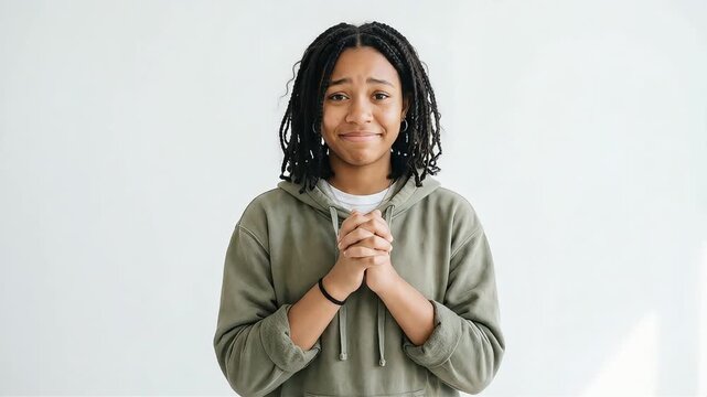 A young woman clasps her hands together and pleads anxiously.