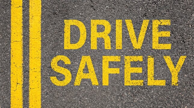 Drive safely text painted in yellow on asphalt road surface with double yellow lines