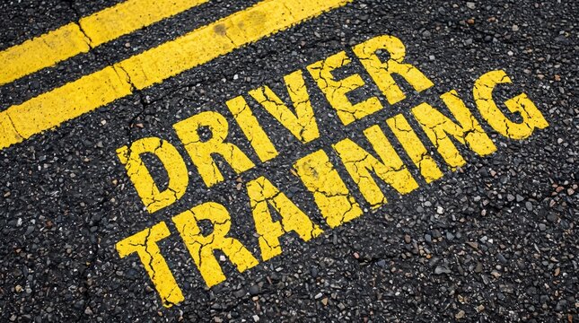 Driver training text painted in yellow on asphalt road surface with double yellow lines