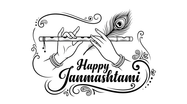  a high-contrast monochrome vector illustration for a Janmashtami greeting featuring two elegant hands wearing simple dotted bangles holding a horizontal bansuri (flute) with fingers positioned natura