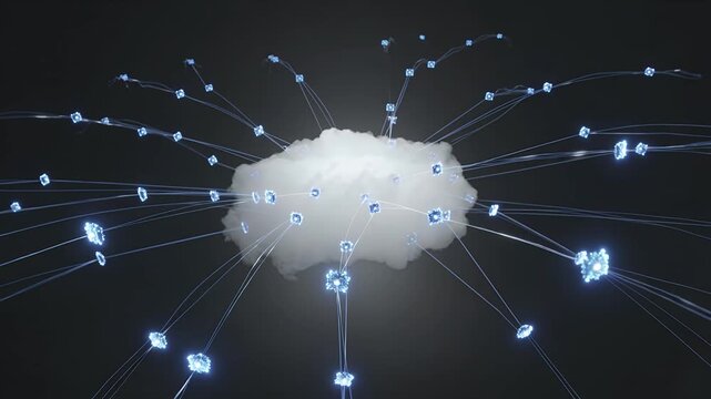 Cloud computing network, digital data storage and information technology with futuristic lines, internet connection and server. Online backup, security and database with software and web transfer