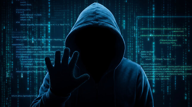 Anonymous hooded figure against a digital binary code background cybersecurity and privacy concept
