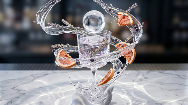 Artistic Gin Cocktail with Swirling Water and Grapefruit