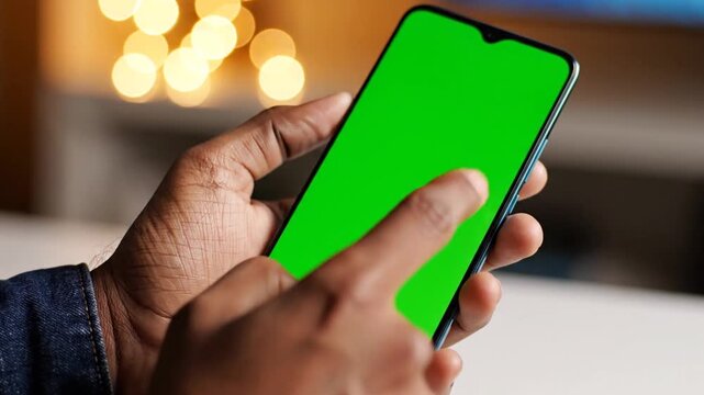 A person holding a smartphone with a blank green screen display