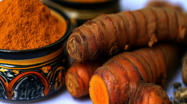 Fresh raw turmeric roots and ground powder in a traditional bowl with spice bowl