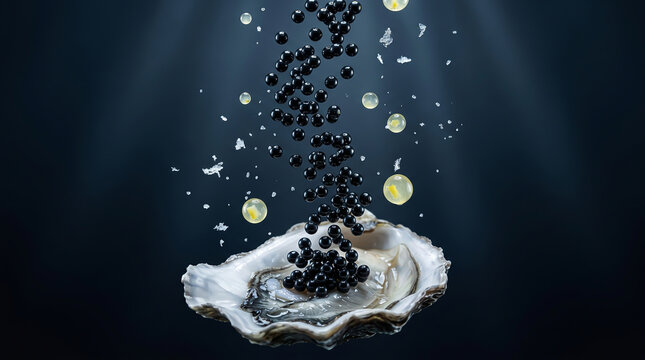 Black Caviar Falling into Open Oyster Shell with Floating Euro Coins