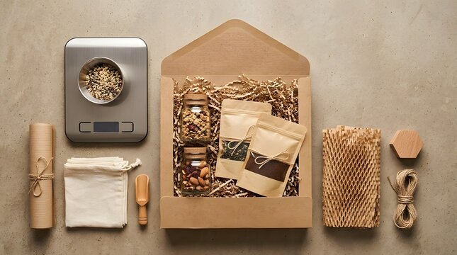 Eco Friendly Sustainable Packaging Materials with Cardboard Box Glass Jars and Kraft Paper Pouches for Zero Waste Shipping Flat Lay
