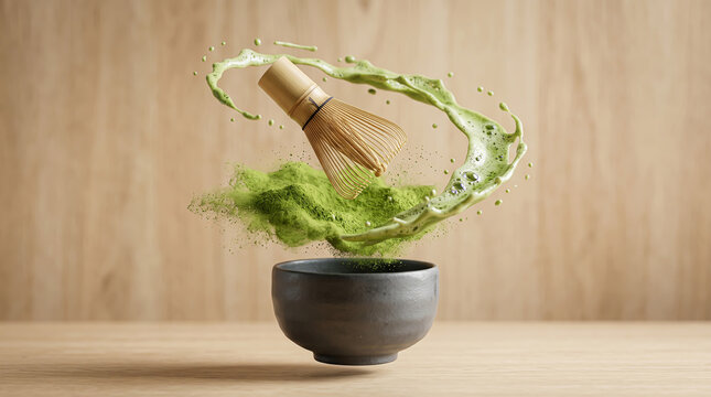 Matcha Whisk with Powder Explosion and Liquid Splash Over Bowl
