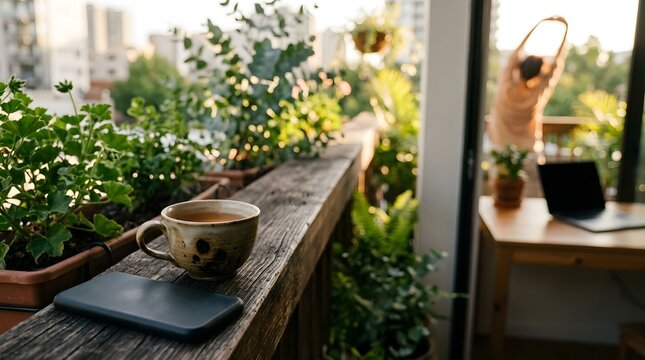 A ceramic cup of hot tea and smartphone on a wooden balcony railing with lush plants and a person stretching in the background during golden hour