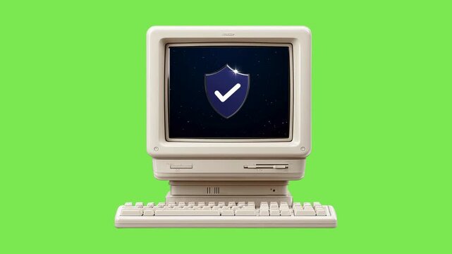 Vintage personal computer showing a secure shield icon on the display monitor for data protection and cybersecurity isolated on green background