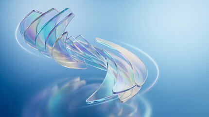 Obraz premium Abstract Futuristic Glassmorphism 3D Curved Panels with Rainbow Iridescent Dispersion on Blue Background