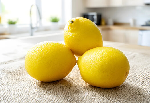 Healthy eating and fresh ingredients, three whole lemons on a kitchen counter with natural light