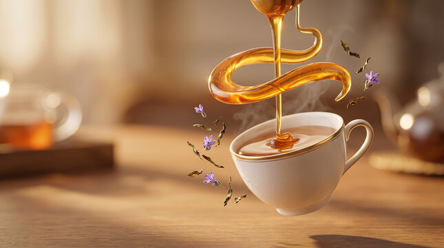 Golden Honey Drizzling into White Porcelain Tea Cup with Lavender