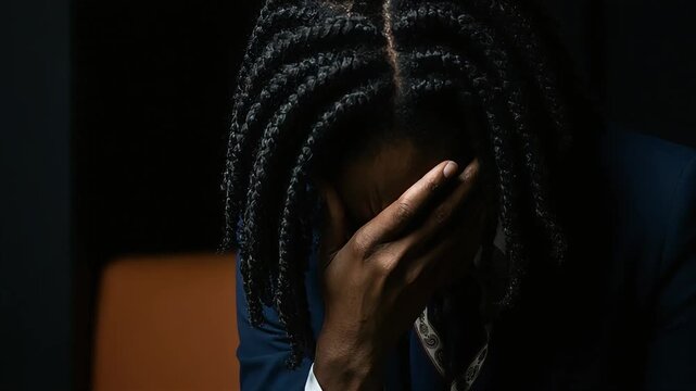 A businesswoman breaks down in tears, covering her face.