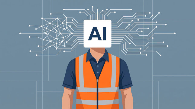 Artificial intelligence concept with a worker wearing a safety vest and a brain with ai text