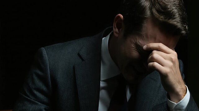 A businessman covers his face in tears.