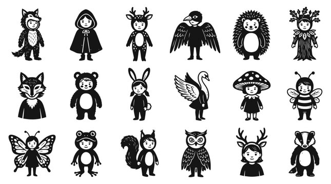 Collection of flat vector children in animal costumes silhouette icons representing forest creatures and woodland fairy tale characters