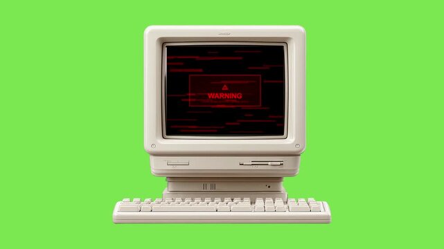 Vintage retro computer workstation with glitch error screen showing warning message on green chroma key background