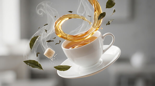 Dynamic Swirl of Golden Tea with Floating Leaves and Sugar