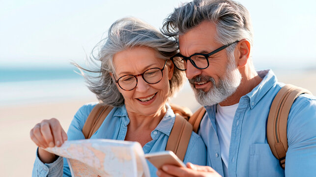 Happy senior couple wearing glasses and backpacks using a map and smartphone while traveling together near the coast