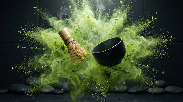 Dynamic Matcha Powder Explosion with Bamboo Whisk and Ceramic Bowl