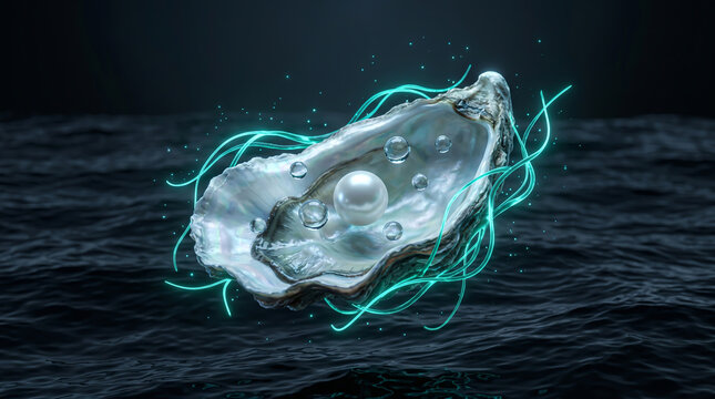 Luminous White Pearl inside an Open Oyster Shell with Neon Energy