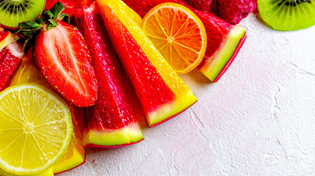 Assorted sliced fresh fruits including strawberries kiwi and citrus on a white background